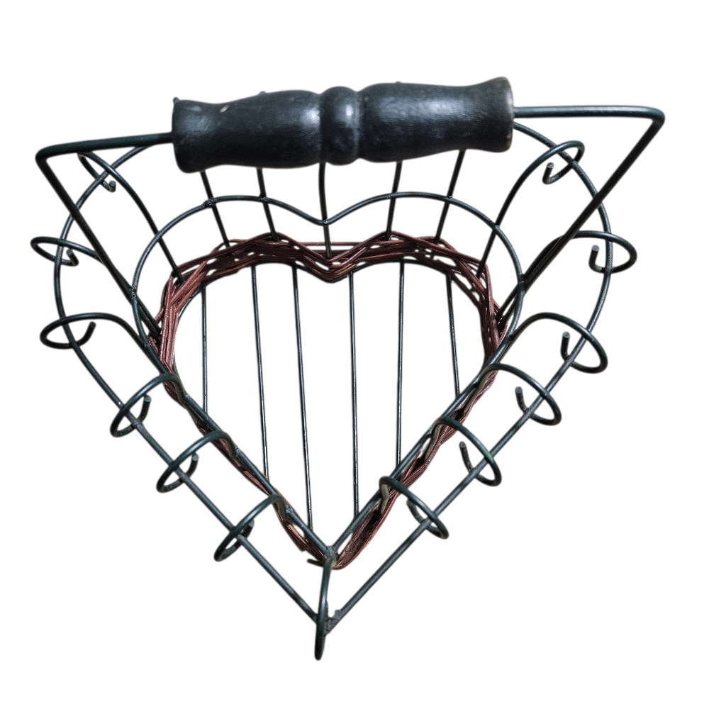 Vintage Heart Shaped Basket Wire Wicker Wood Handle Rustic Farmhouse Decor